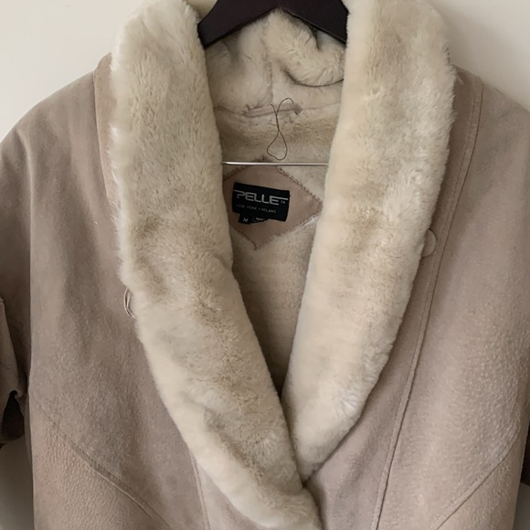 Pelle tan suede faux fur oversized heavy winter pea coat SZ M VTG 80s vintage - Picture 2 of 16